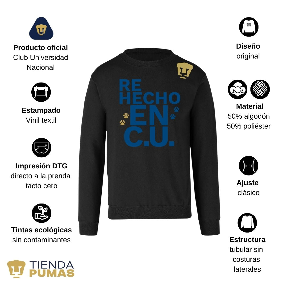 Sudadera Hombre Pumas UNAM Re Hecho en C.U. DTG-Vinil