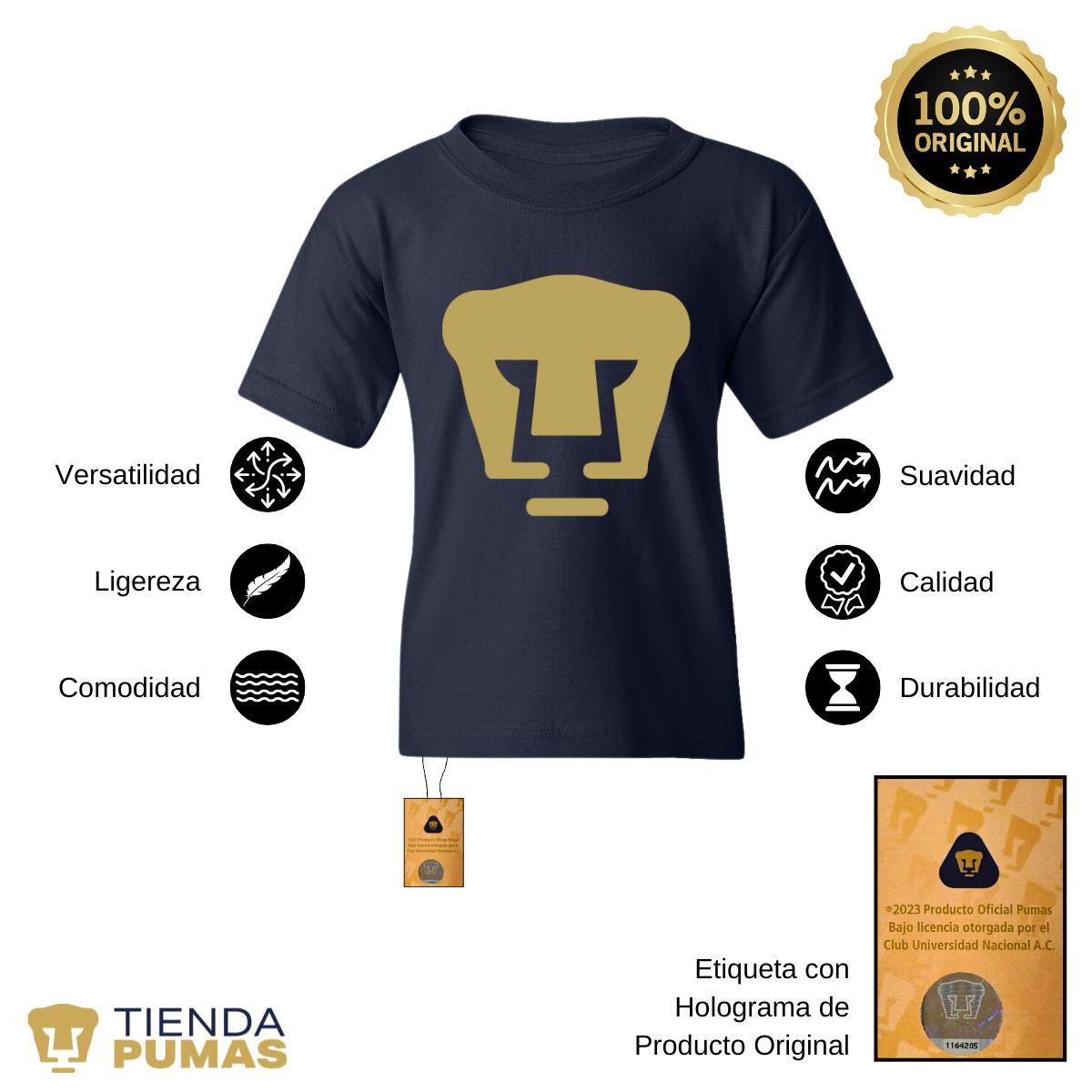 Playera Niños Pumas UNAM Logo Vinil Dorado