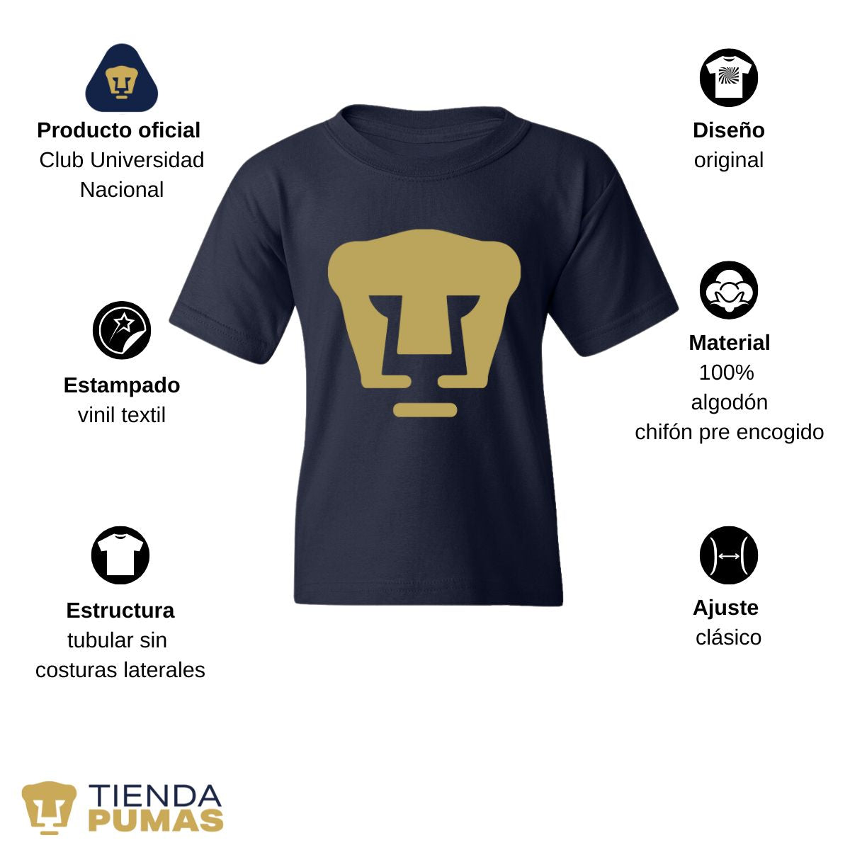 Playera Niños Pumas UNAM Logo Vinil Dorado