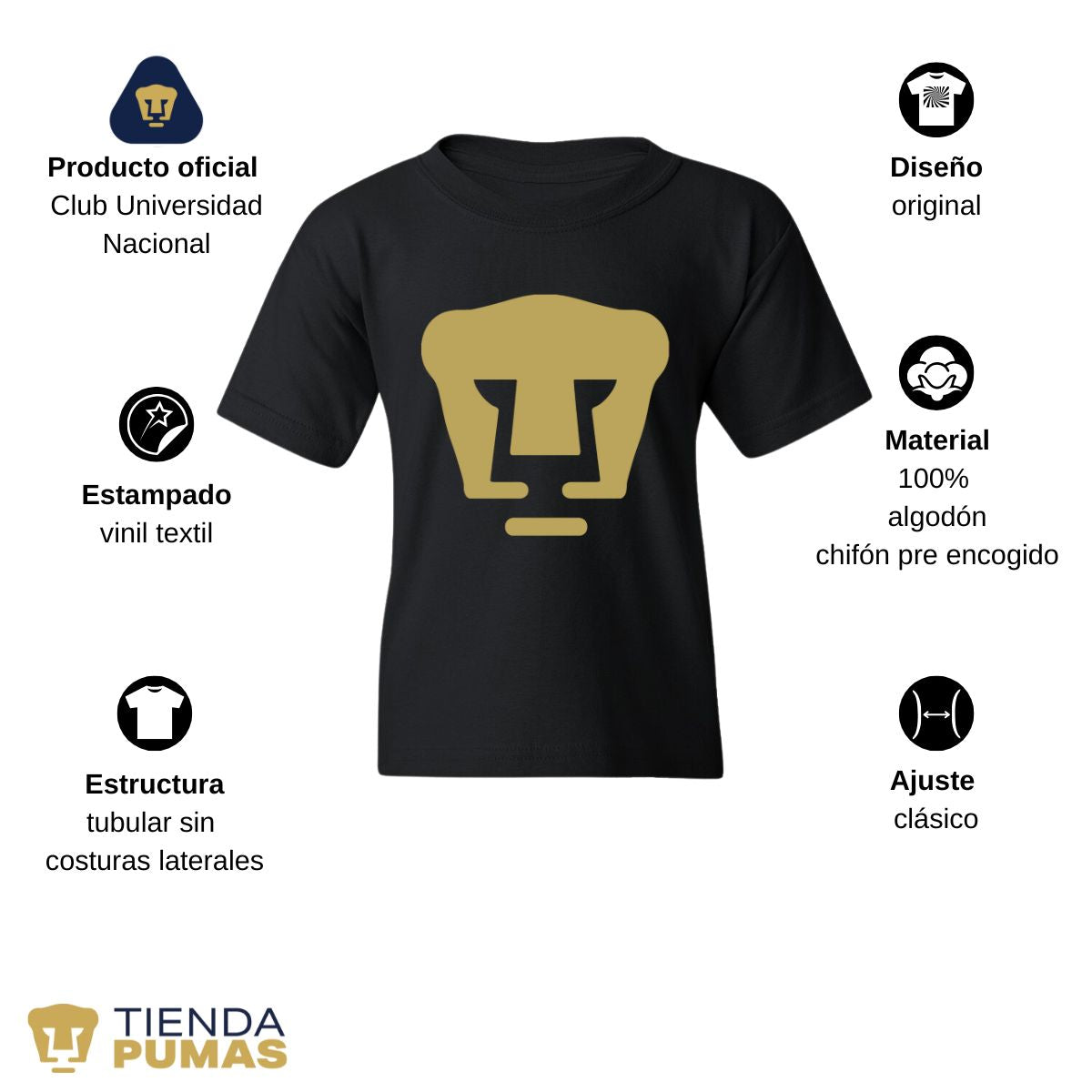 Playera Niños Pumas UNAM Logo Vinil Dorado