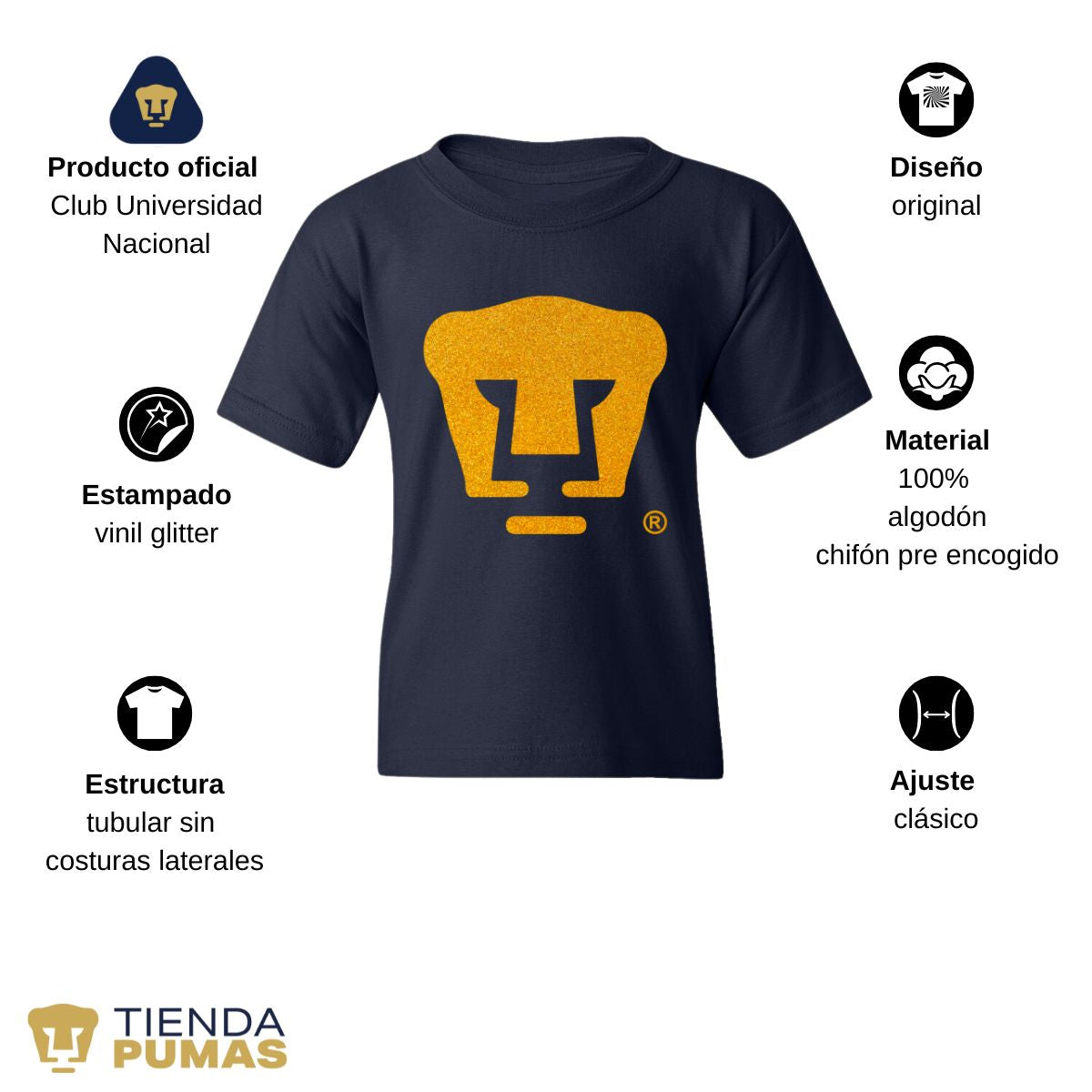 Playera Niños Pumas UNAM Logo Dorado Glitter Vinil