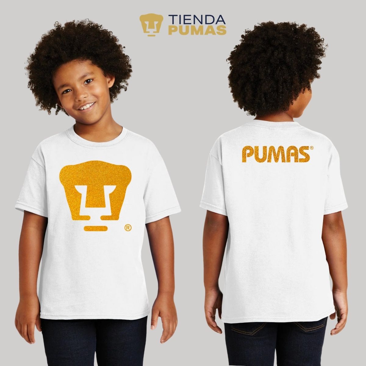 Playera Niños Pumas UNAM Logo Dorado Glitter Vinil