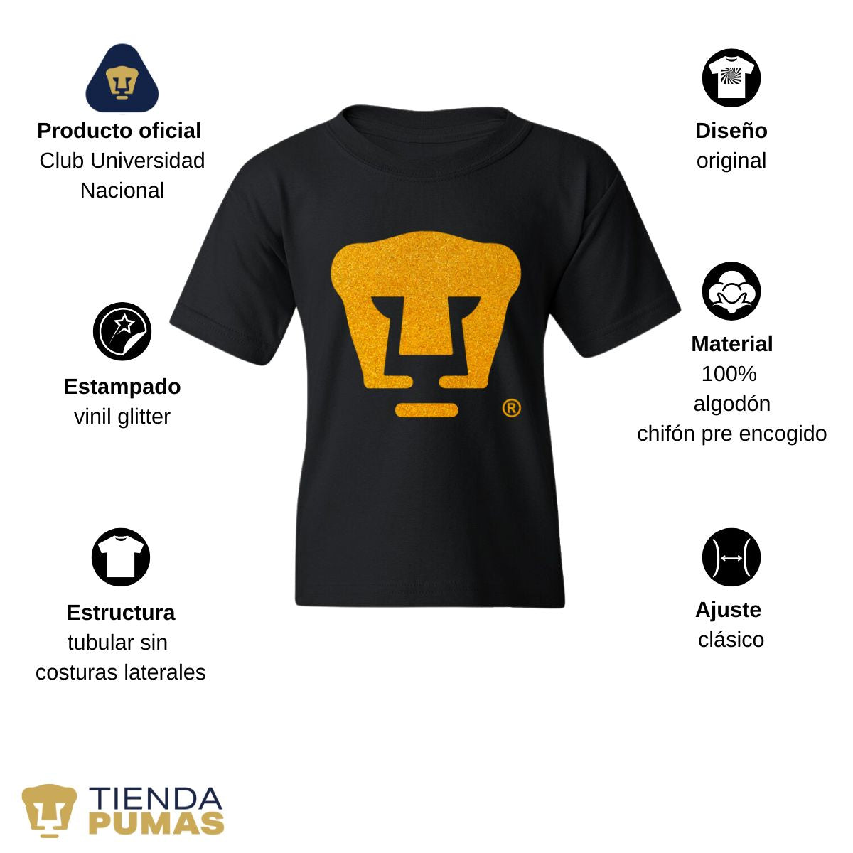 Playera Niños Pumas UNAM Logo Dorado Glitter Vinil