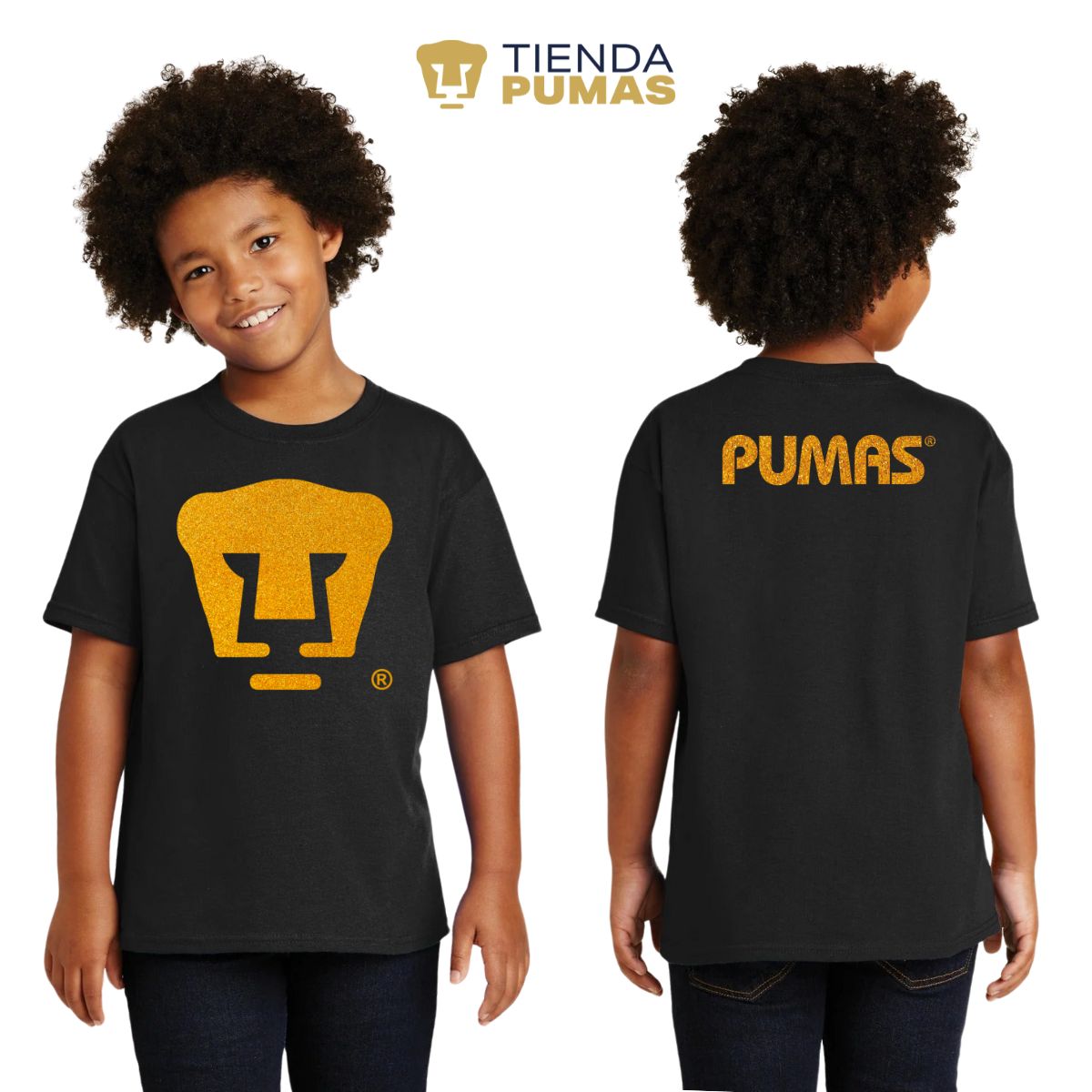 Playera Niños Pumas UNAM Logo Dorado Glitter Vinil