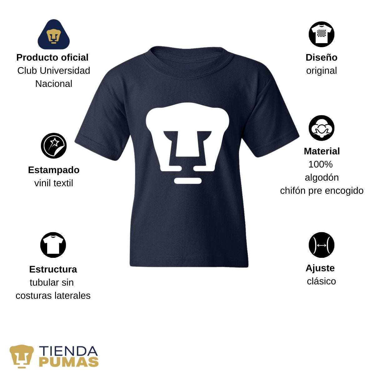 Playera Niños Pumas UNAM Logo Monocromático Vinil