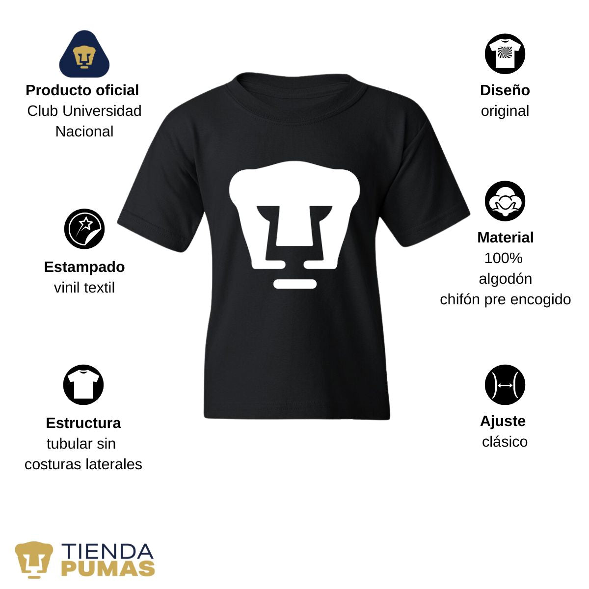 Playera Niños Pumas UNAM Logo Monocromático Vinil