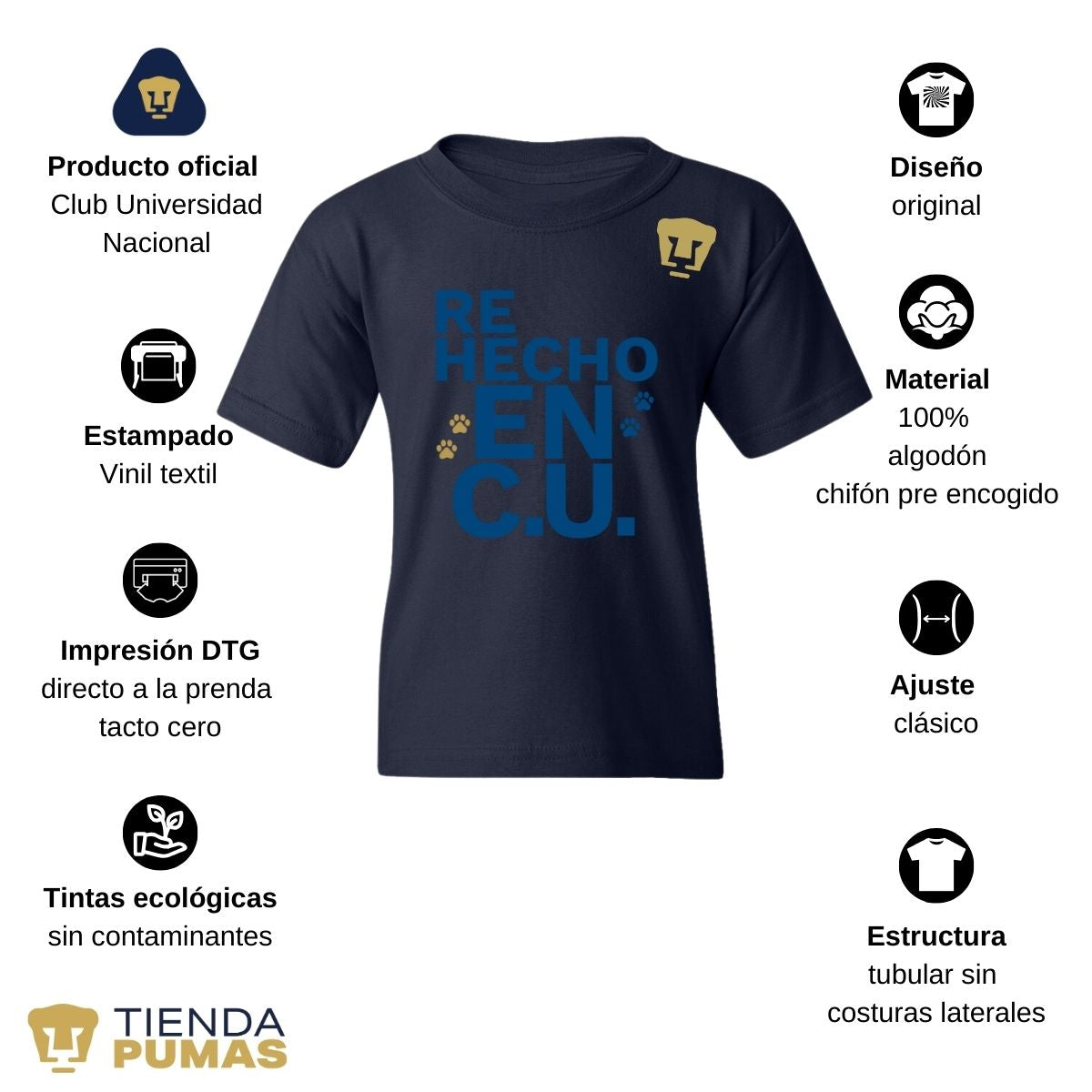 Playera Niños Pumas UNAM Re Hecho en C.U. DTG-Vinil