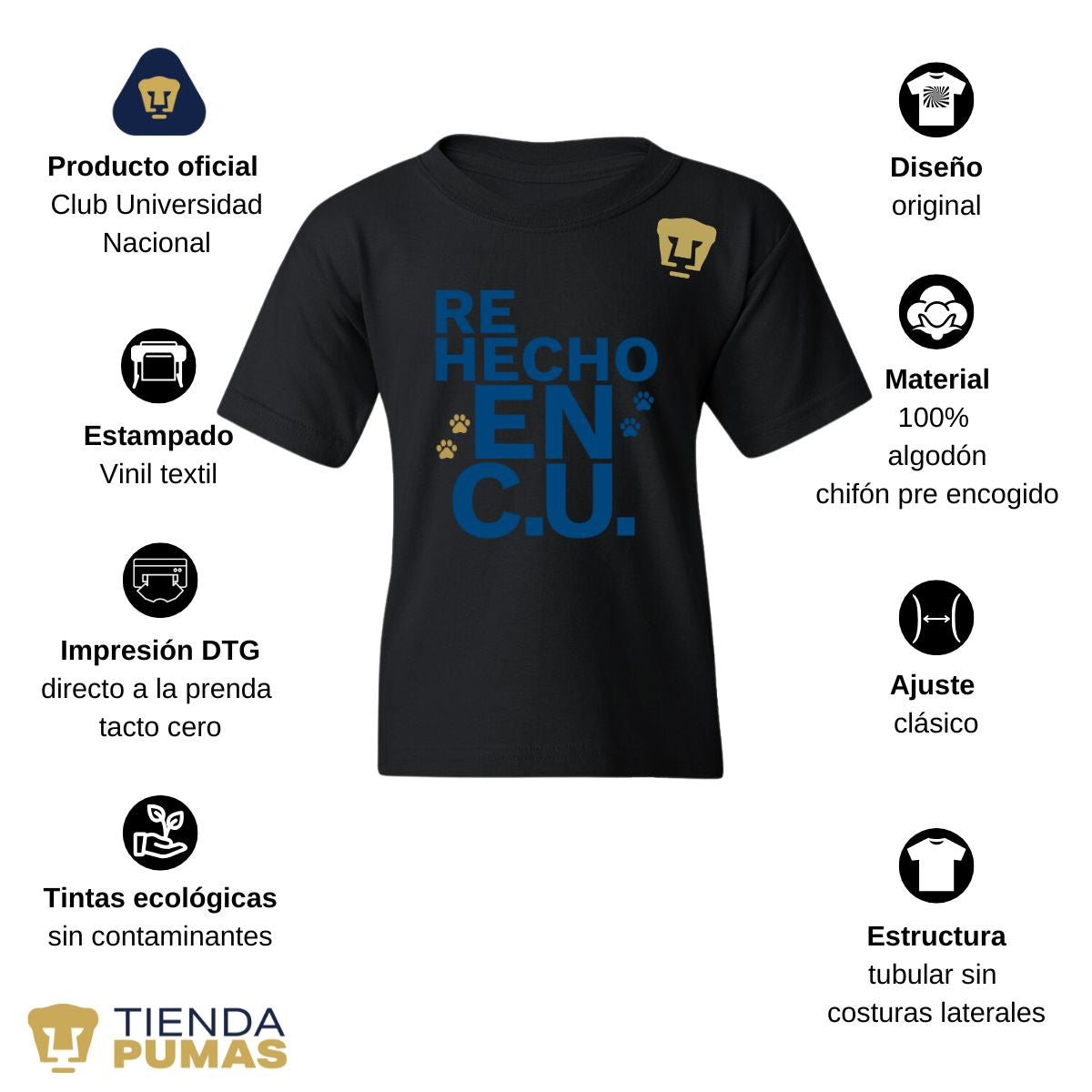 Playera Niños Pumas UNAM Re Hecho en C.U. DTG-Vinil