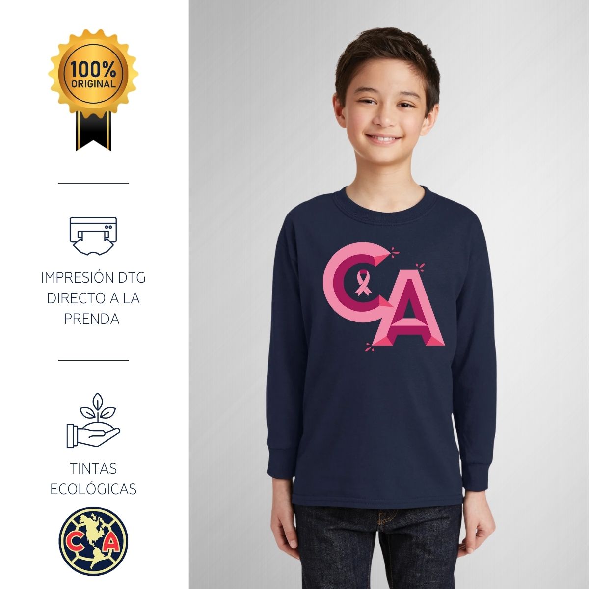 Playera M Larga Niños América Mes rosa