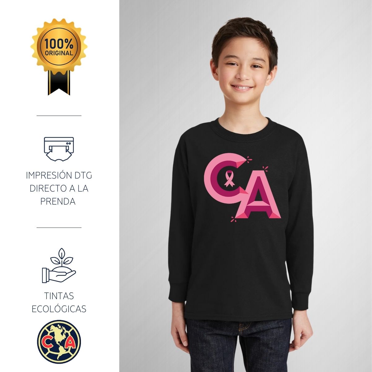 Playera M Larga Niños América Mes rosa