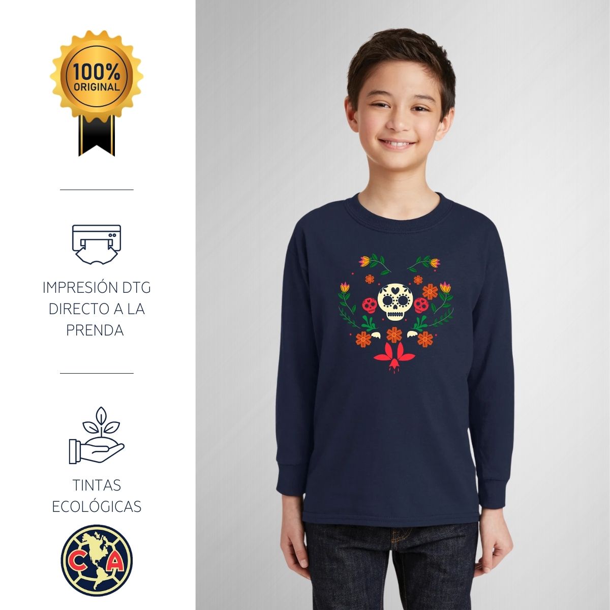 Playera M Larga Niños América Día de muertos Flores