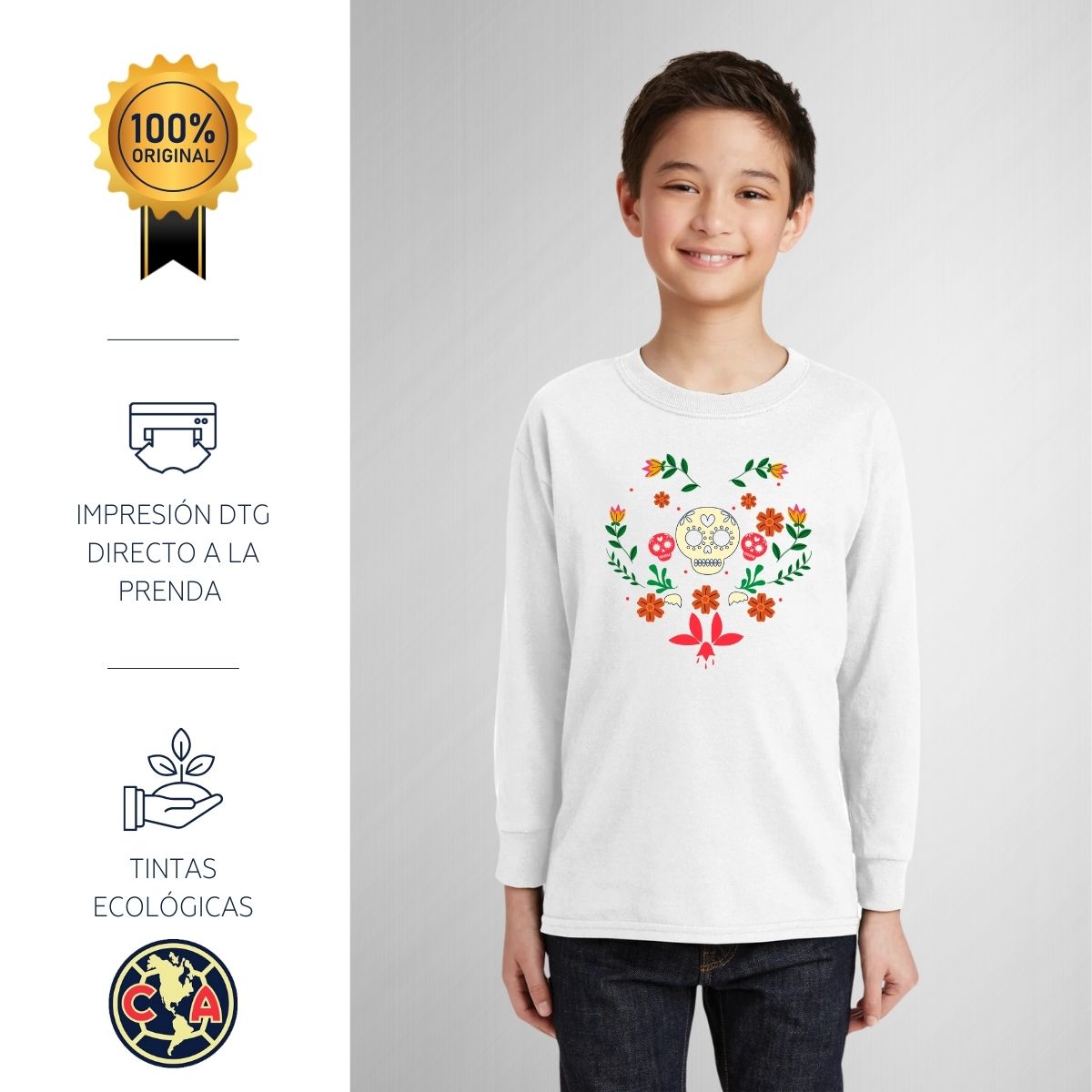 Playera M Larga Niños América Día de muertos Flores