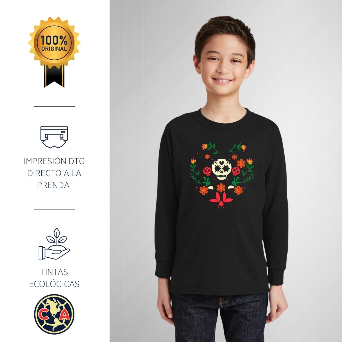 Playera M Larga Niños América Día de muertos Flores