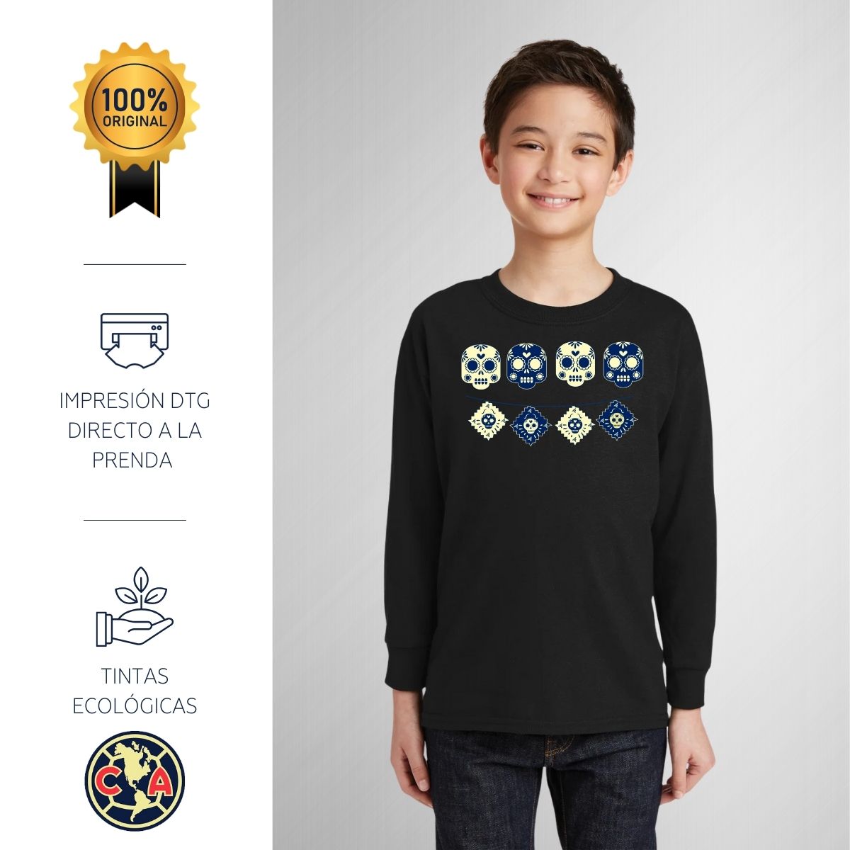 Playera M Larga Niños América Día de muertos Calavera