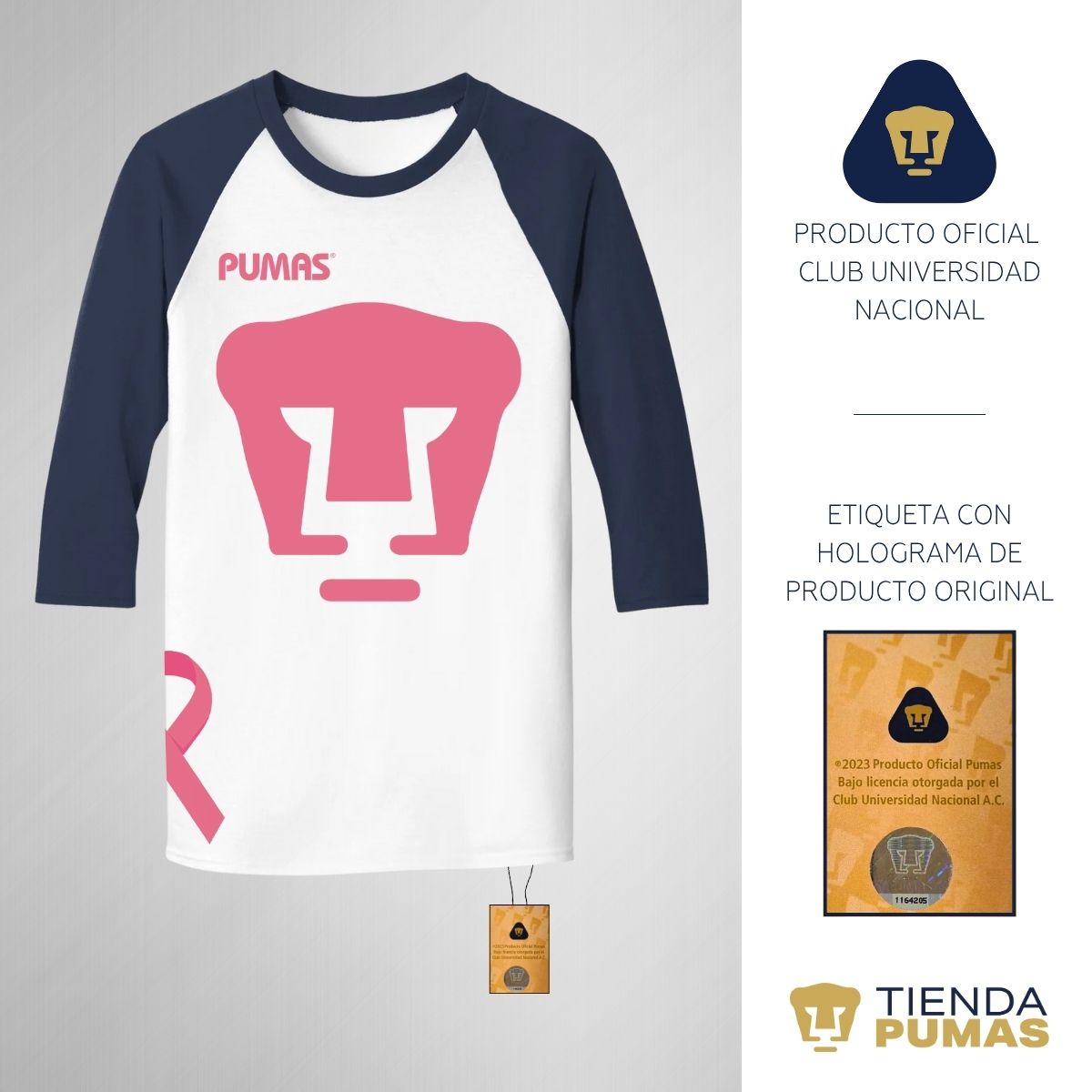 Playera Raglán Manga 3/4 Hombre Pumas UNAM Mes Rosa