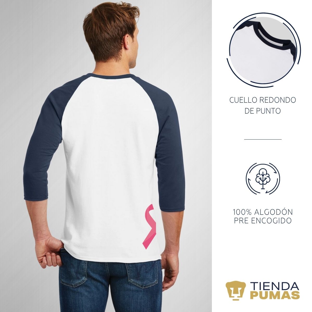 Playera Raglán Manga 3/4 Hombre Pumas UNAM Mes Rosa