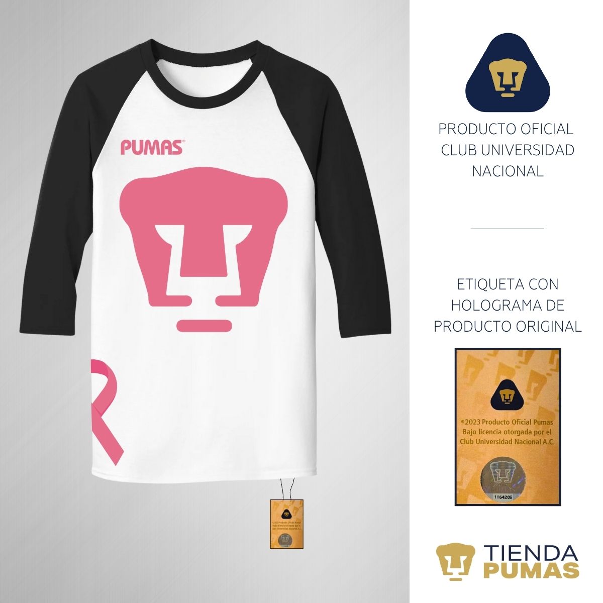 Playera Raglán Manga 3/4 Hombre Pumas UNAM Mes Rosa