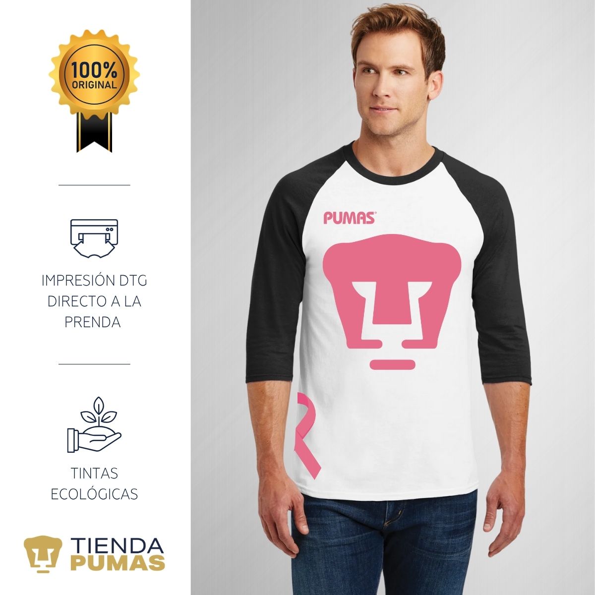Playera Raglán Manga 3/4 Hombre Pumas UNAM Mes Rosa