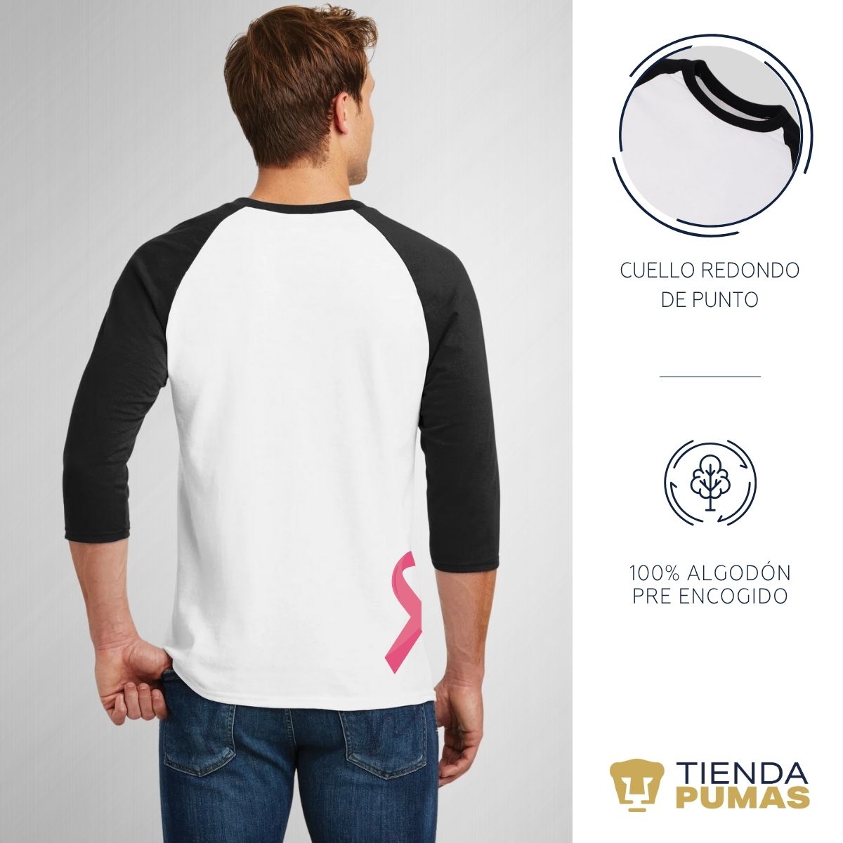 Playera Raglán Manga 3/4 Hombre Pumas UNAM Mes Rosa