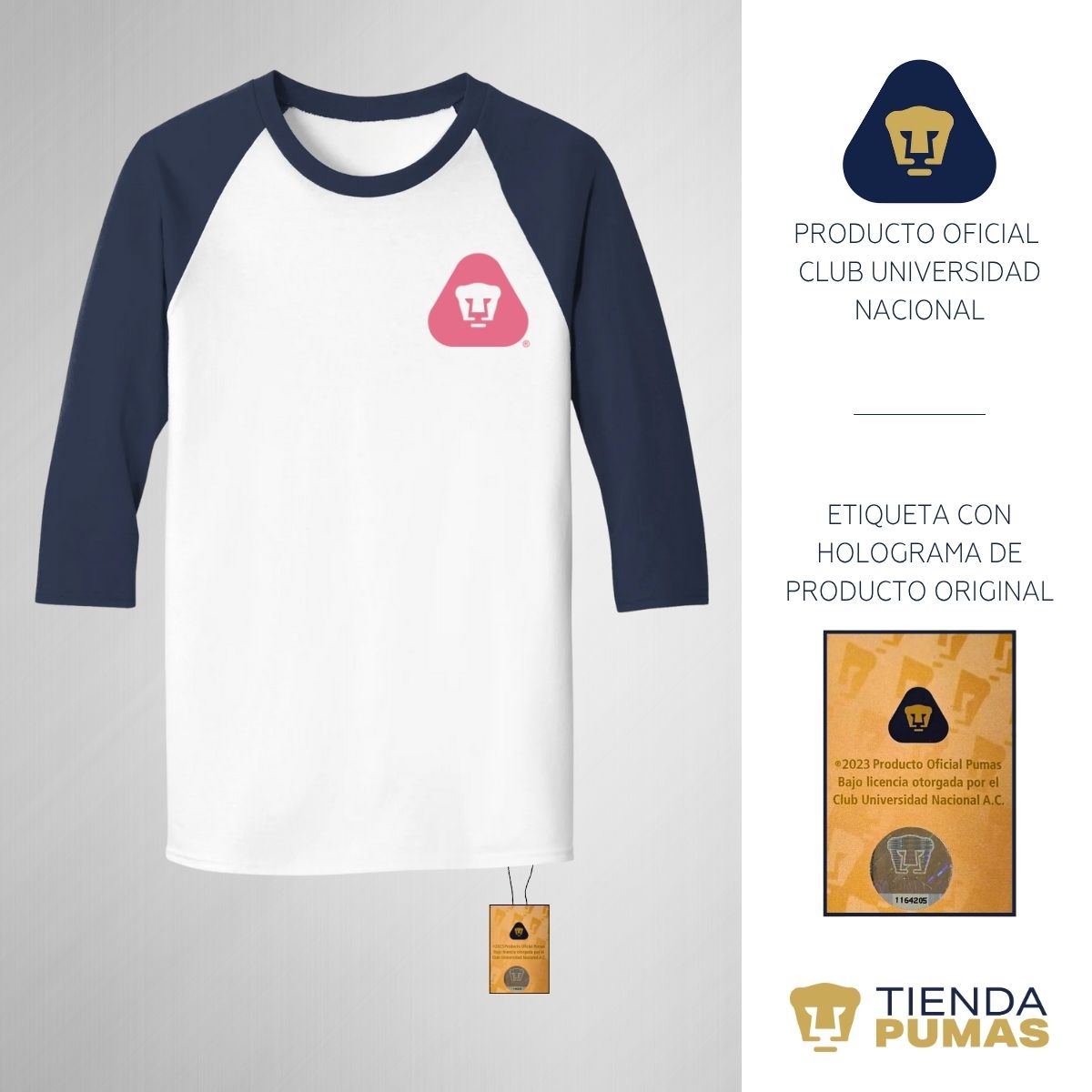 Playera Raglán Manga 3/4 Hombre Pumas UNAM Emblema Rosa Vinil