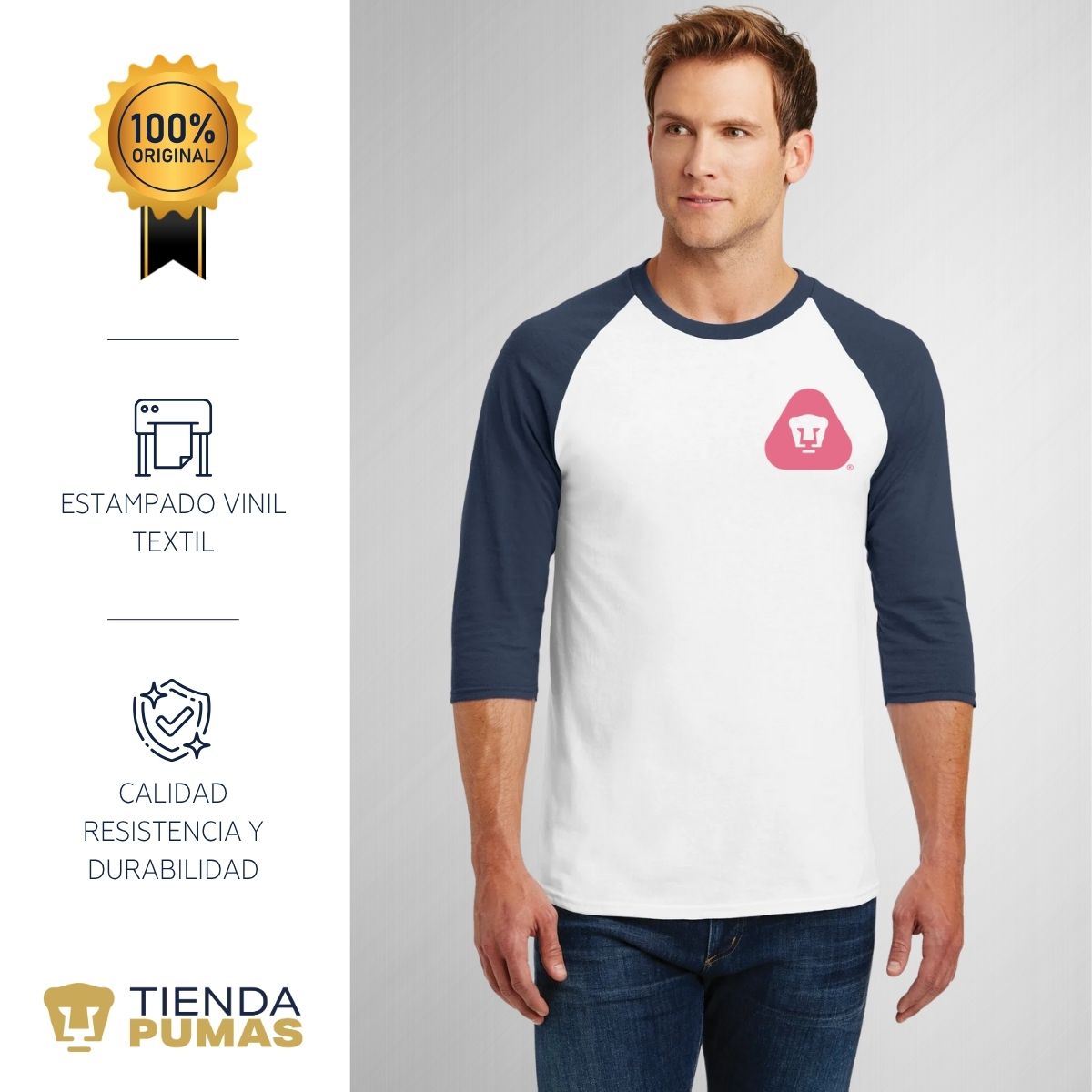 Playera Raglán Manga 3/4 Hombre Pumas UNAM Emblema Rosa Vinil