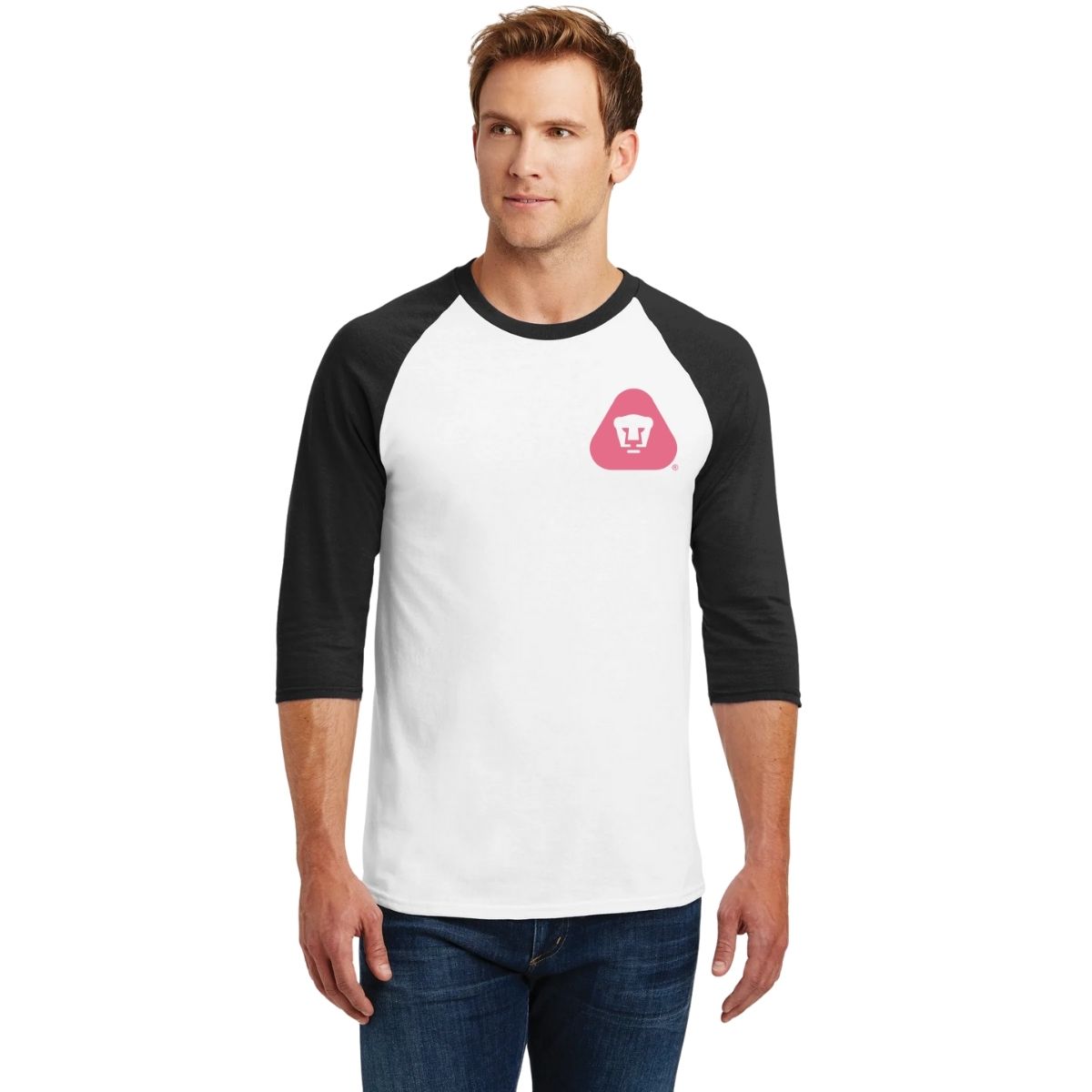 Playera Raglán Manga 3/4 Hombre Pumas UNAM Emblema Rosa Vinil