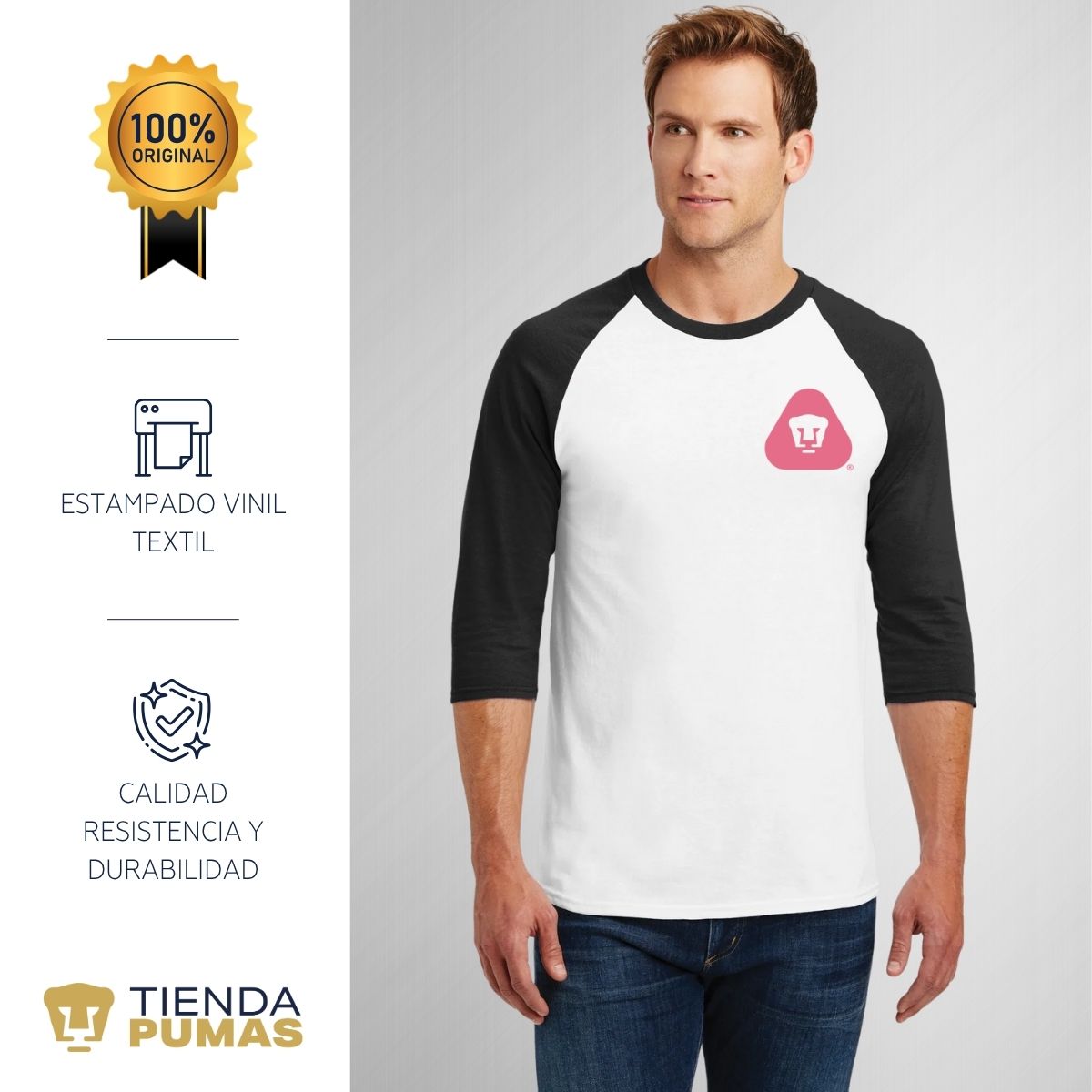 Playera Raglán Manga 3/4 Hombre Pumas UNAM Emblema Rosa Vinil