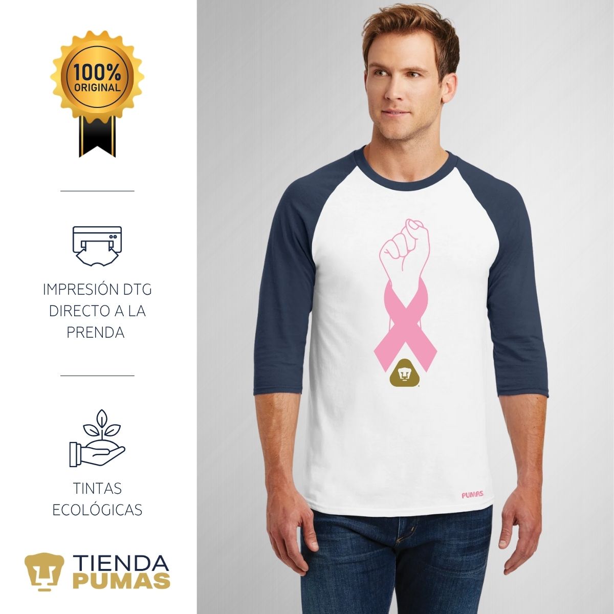 Playera Raglán Manga 3/4 Hombre Pumas UNAM Lucha Cáncer Mama