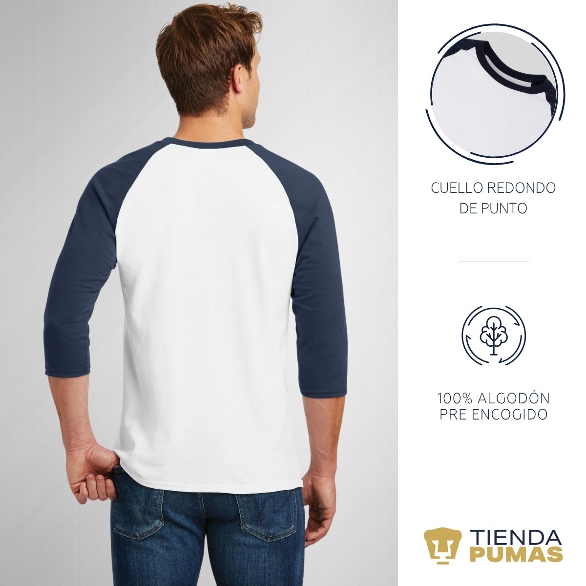 Playera Raglán Manga 3/4 Hombre Pumas UNAM Lucha Cáncer Mama