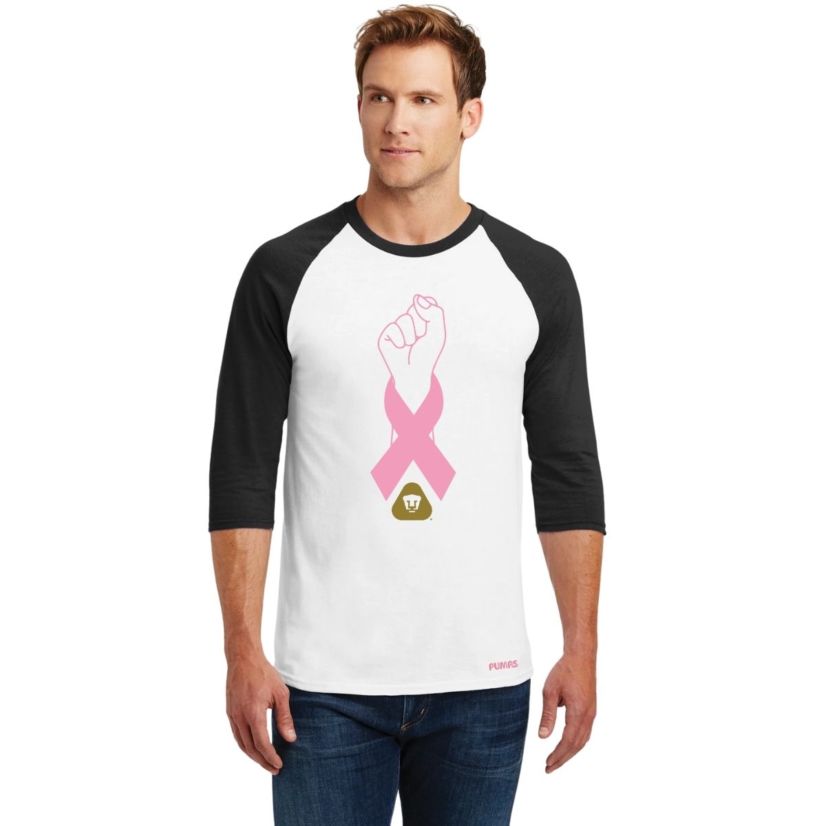 Playera Raglán Manga 3/4 Hombre Pumas UNAM Lucha Cáncer Mama