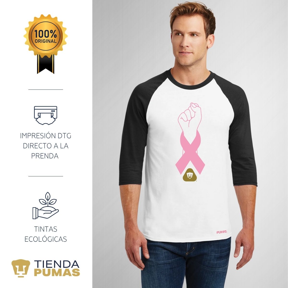Playera Raglán Manga 3/4 Hombre Pumas UNAM Lucha Cáncer Mama