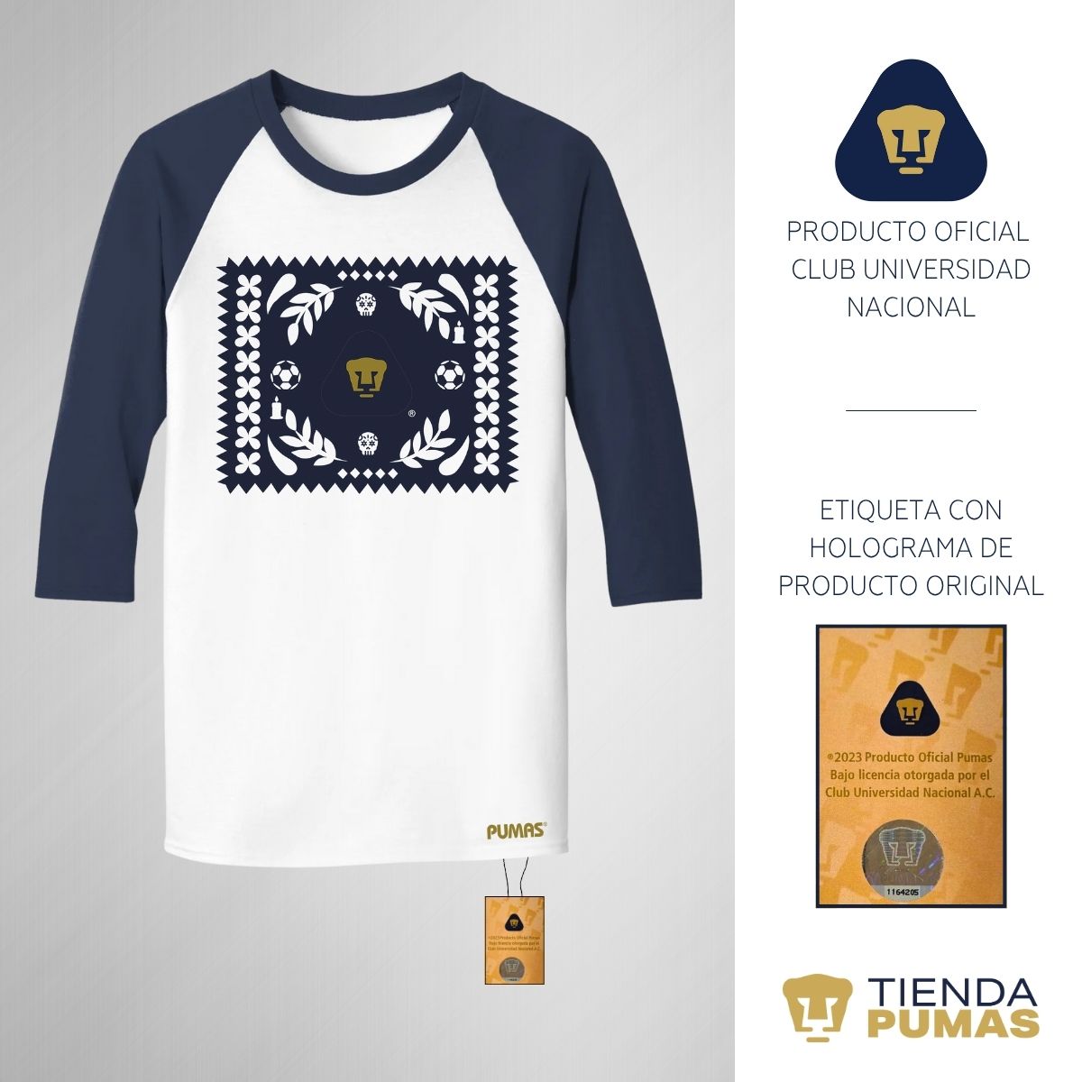 Playera Raglán Manga 3/4 Hombre Pumas UNAM Día de Muertos Papel