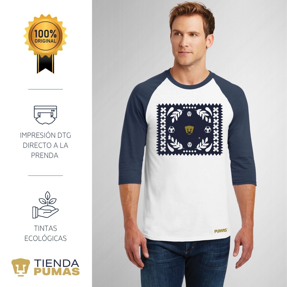 Playera Raglán Manga 3/4 Hombre Pumas UNAM Día de Muertos Papel