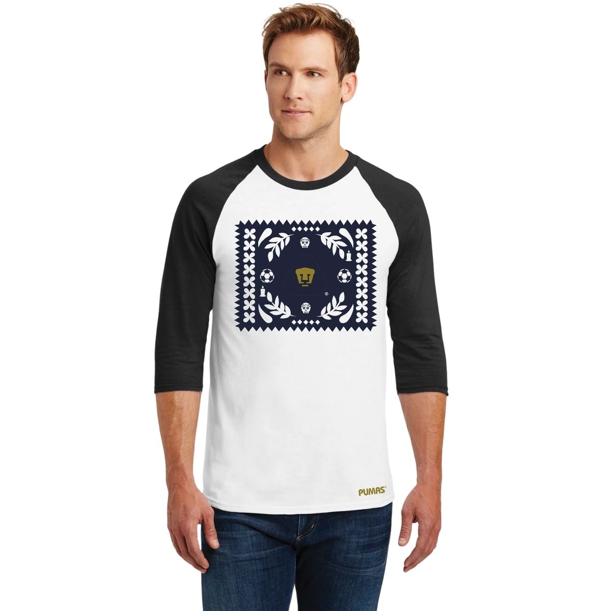 Playera Raglán Manga 3/4 Hombre Pumas UNAM Día de Muertos Papel
