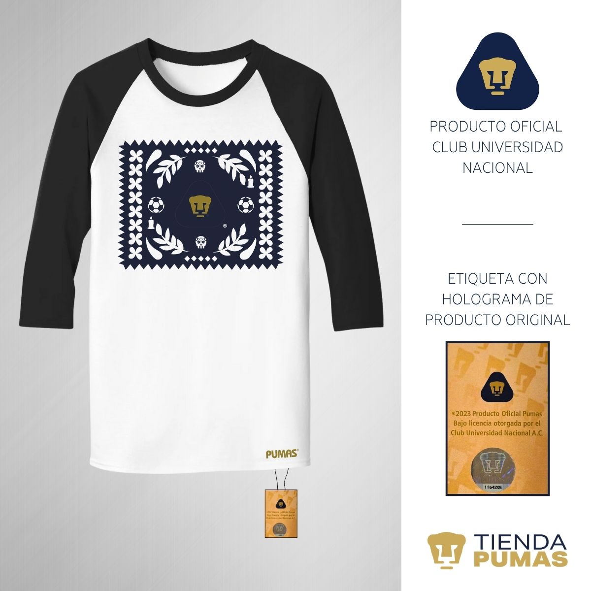 Playera Raglán Manga 3/4 Hombre Pumas UNAM Día de Muertos Papel