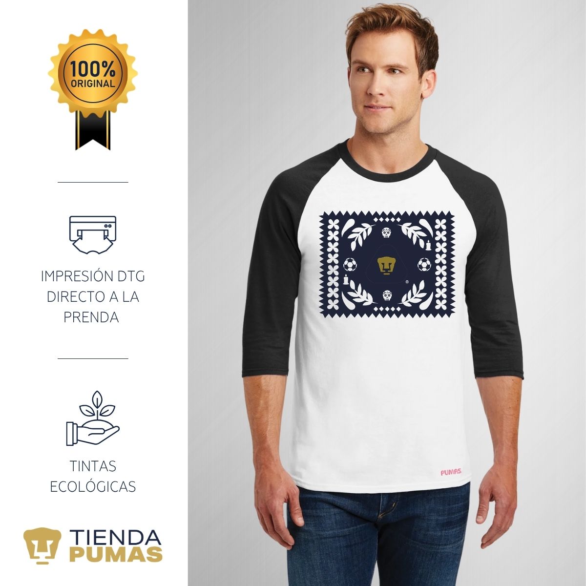 Playera Raglán Manga 3/4 Hombre Pumas UNAM Día de Muertos Papel