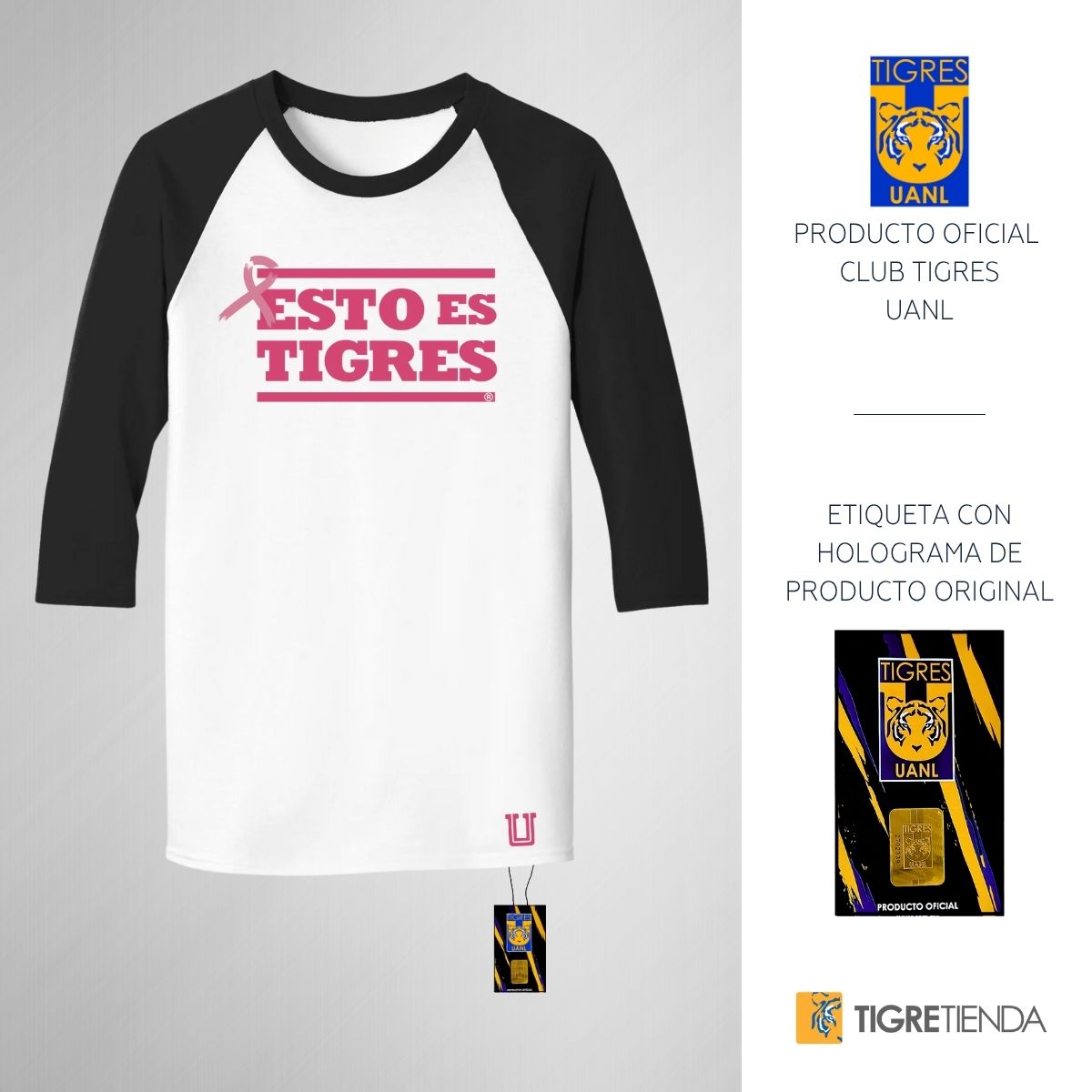 Playera Raglán Manga 3/4 Hombre Tigres UANL Rosa Cáncer Mama