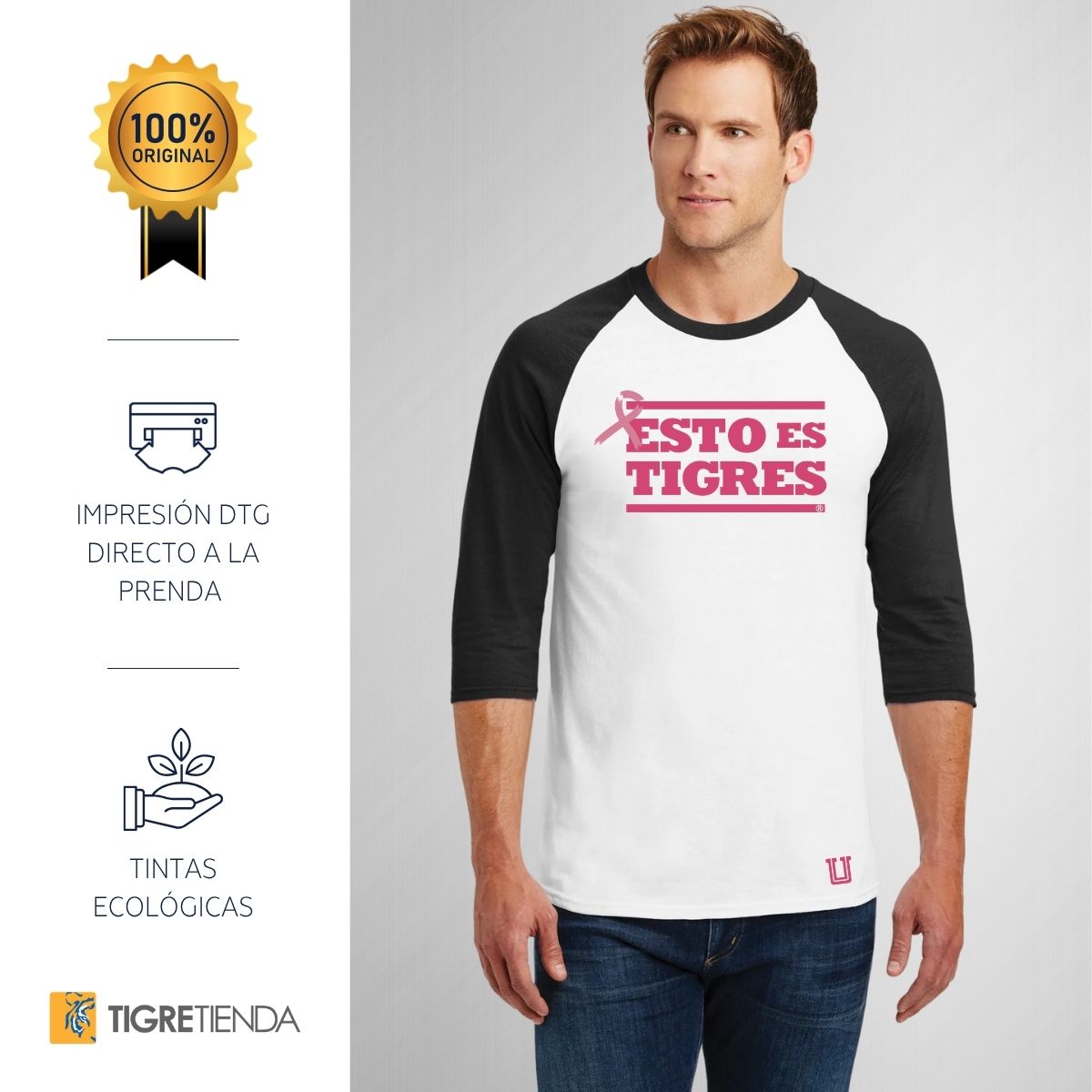 Playera Raglán Manga 3/4 Hombre Tigres UANL Rosa Cáncer Mama
