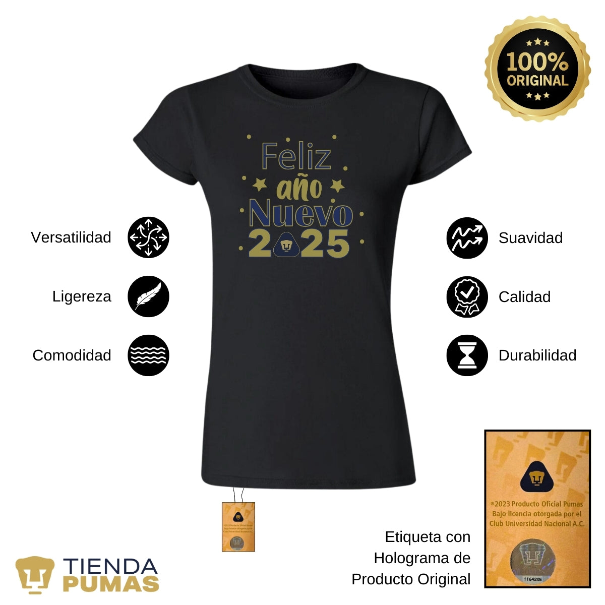 Playera Navideña Mujer Pumas UNAM Feliz Año Nuevo