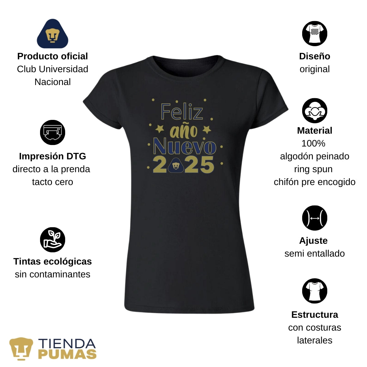 Playera Navideña Mujer Pumas UNAM Feliz Año Nuevo