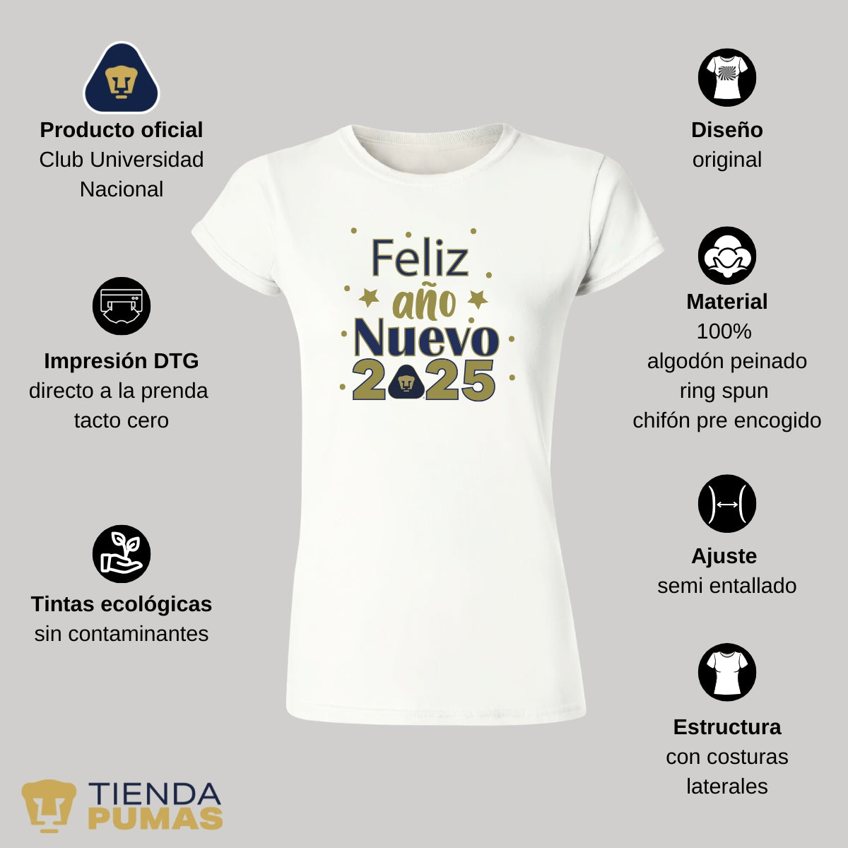 Playera Navideña Mujer Pumas UNAM Feliz Año Nuevo