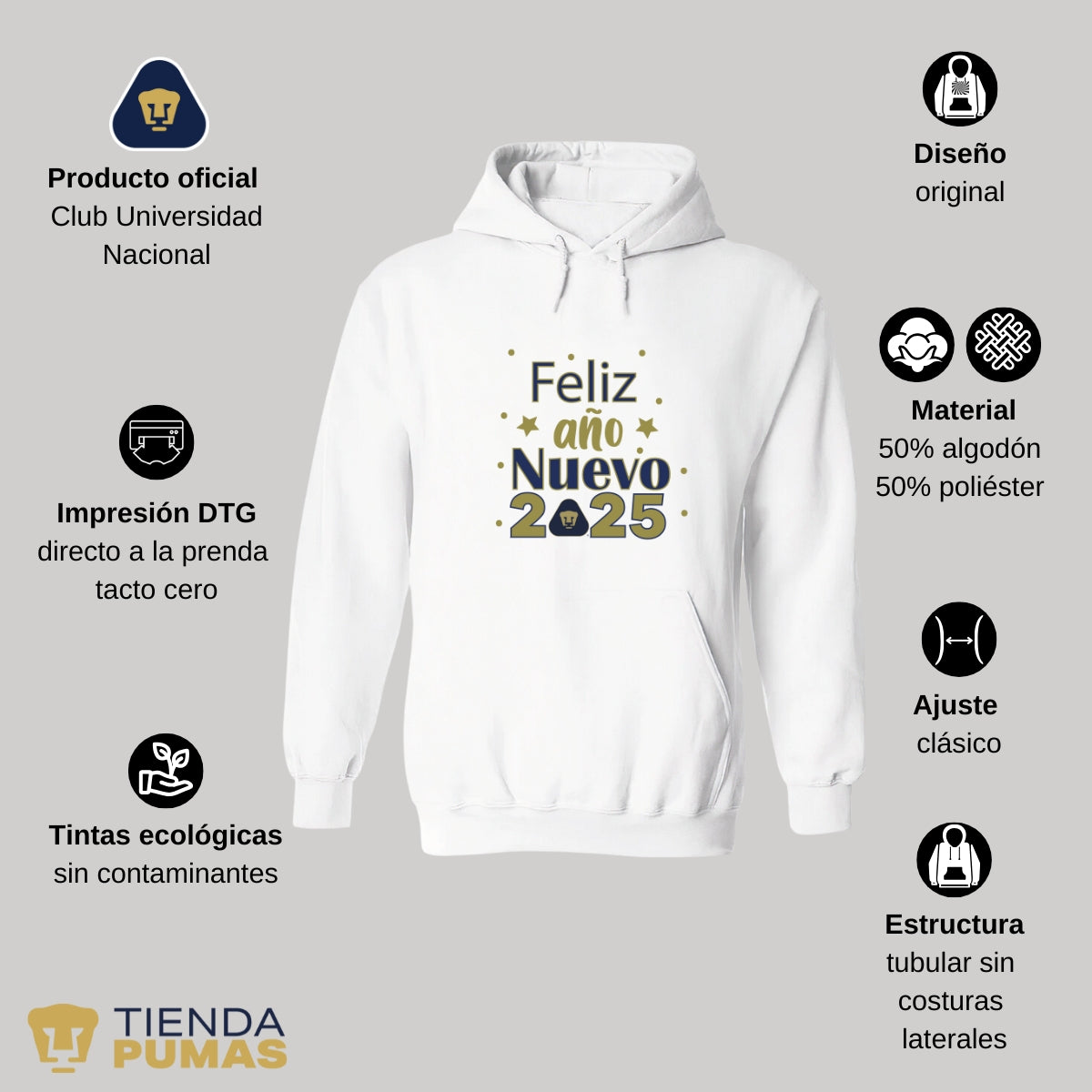 Sudadera Hombre Hoodie Pumas UNAM Feliz Año Nuevo