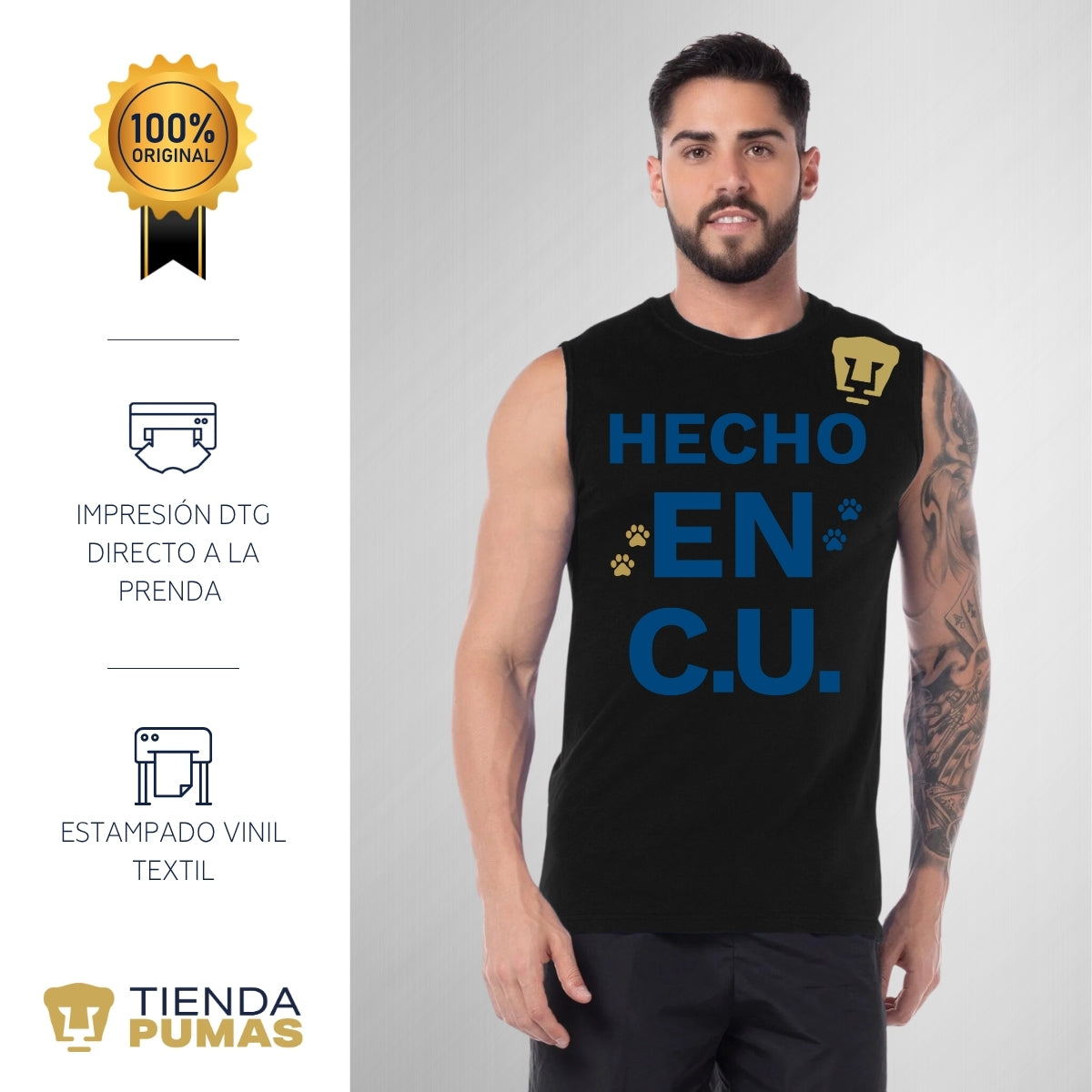 Playera Sin Manga Hombre Pumas UNAM Hecho en C.U. DTG-Vinil