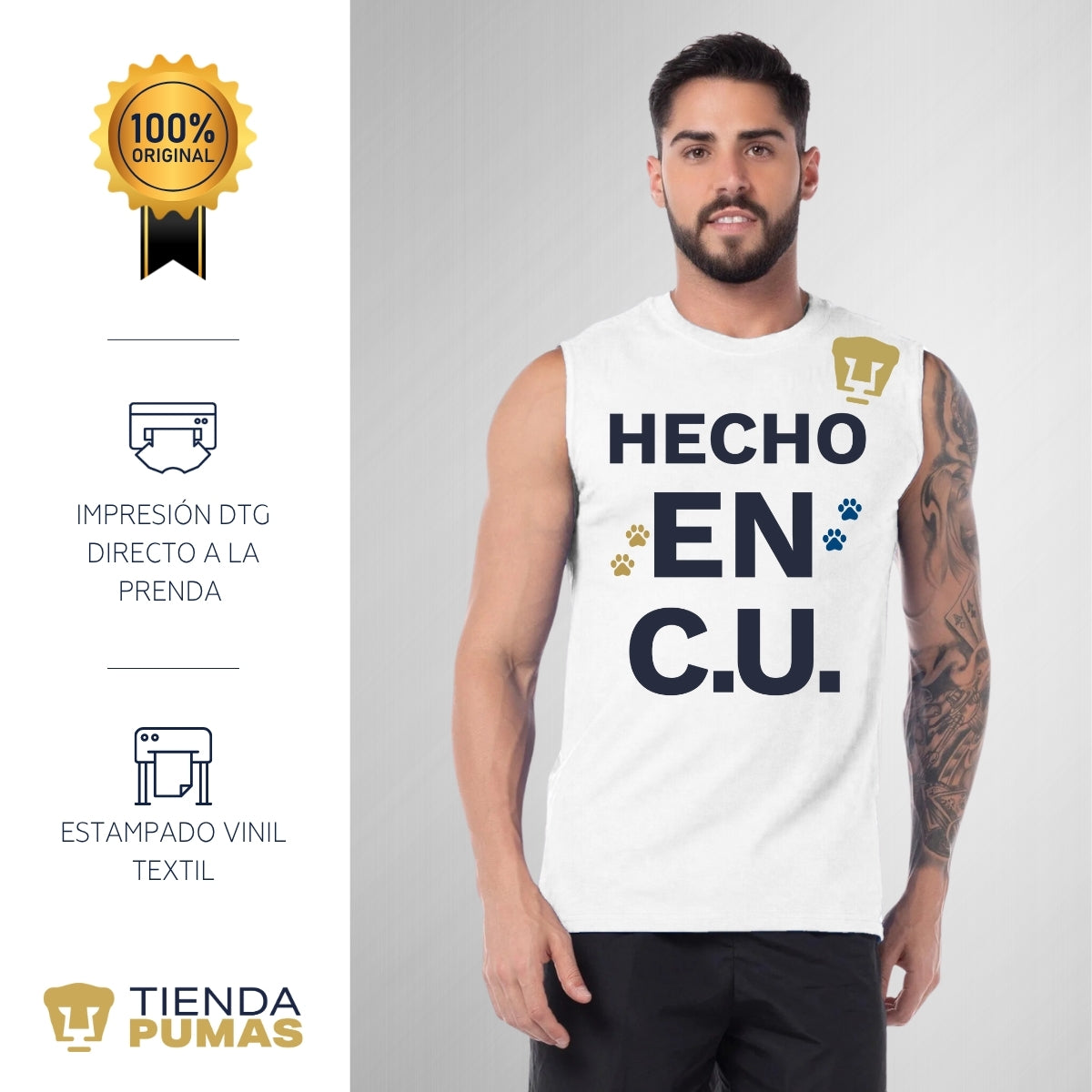 Playera Sin Manga Hombre Pumas UNAM Hecho en C.U. DTG-Vinil
