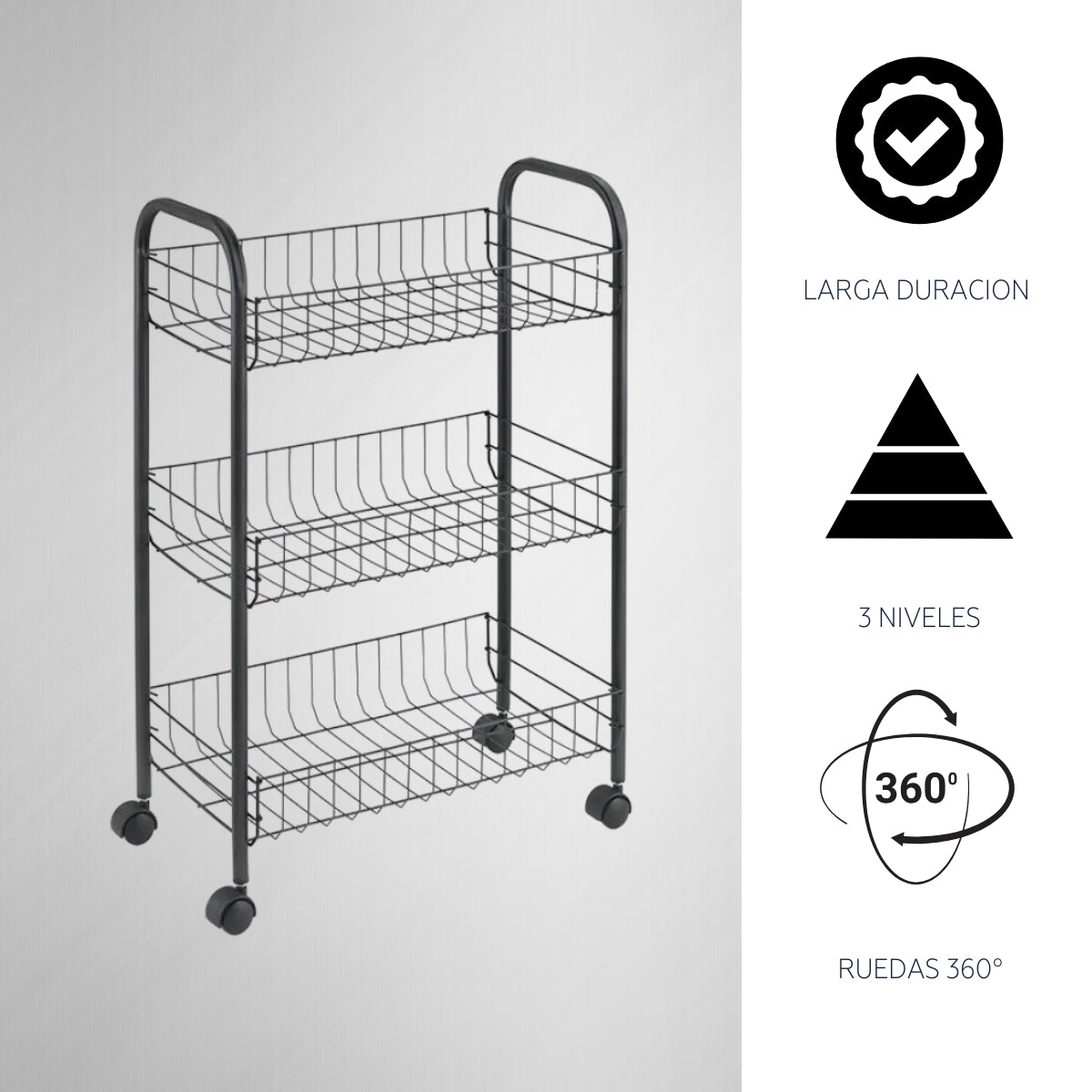 Carrito Organizador Multiusos 3 Niveles Metálico Ruedas 360