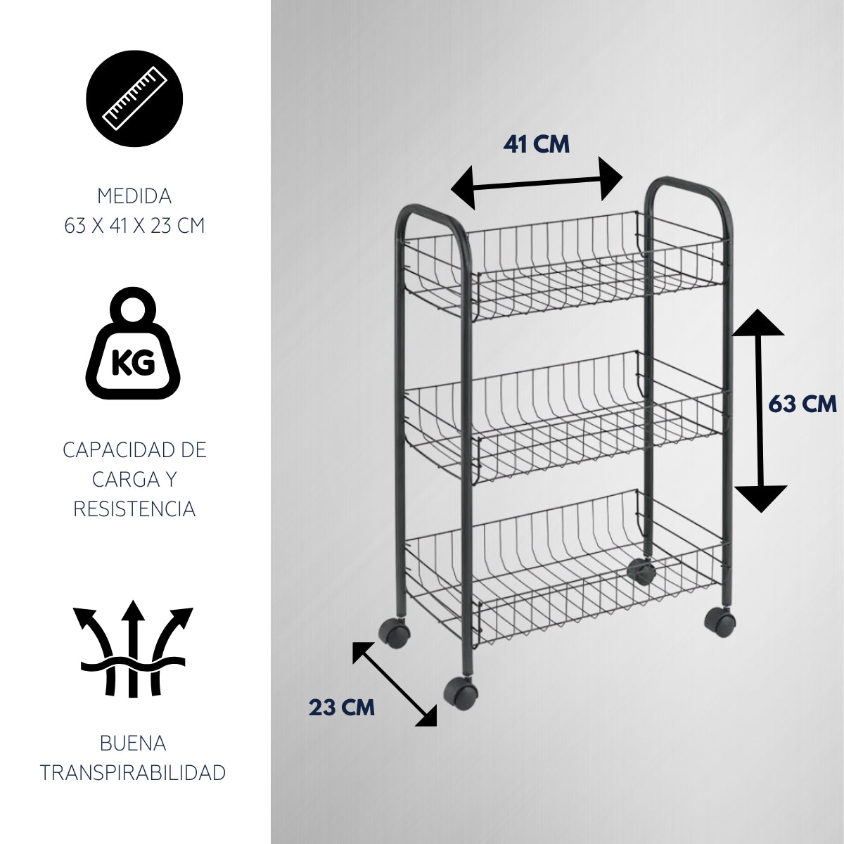 Carrito Organizador Multiusos 3 Niveles Metálico Ruedas 360