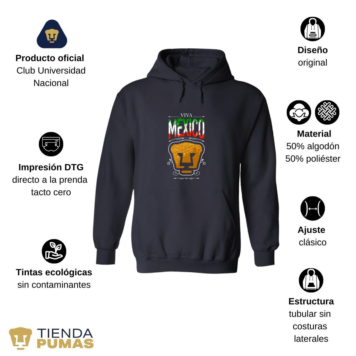 Sudadera Hombre Hoodie Pumas UNAM Viva México Escudo