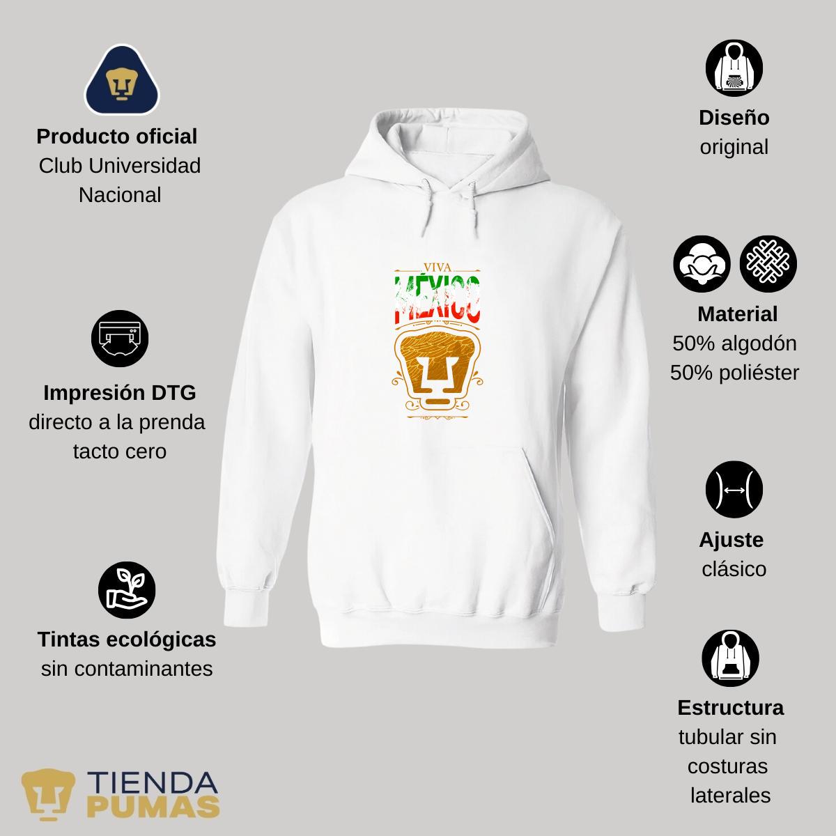 Sudadera Hombre Hoodie Pumas UNAM Viva México Escudo