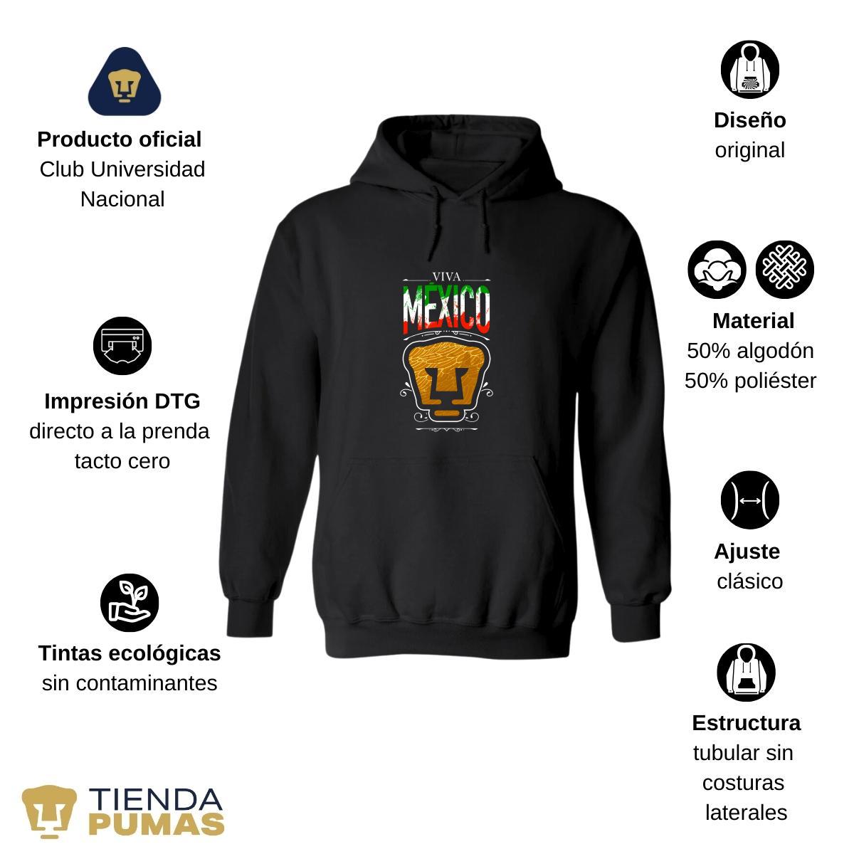 Sudadera Hombre Hoodie Pumas UNAM Viva México Escudo