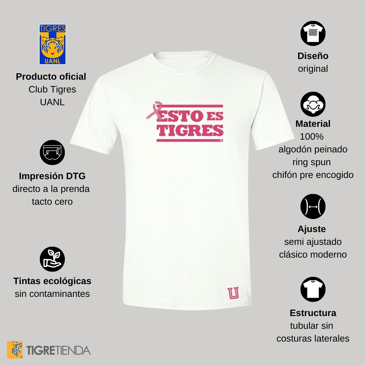 Playera Hombre Tigres UANL Rosa Cáncer Mama